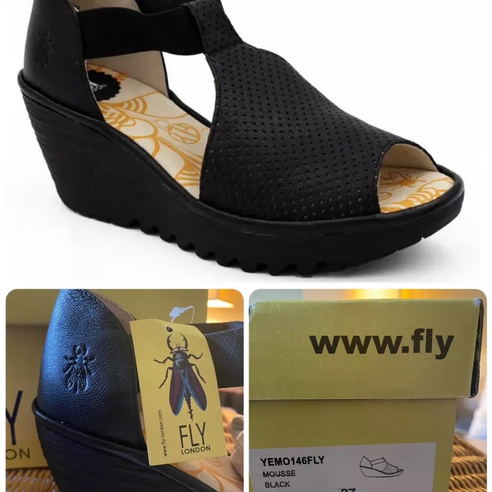 Fly London YEMO Black Leather wedge peep toe Platform Sandals